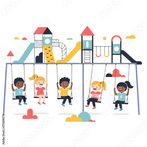 Illustration of diverse children swinging on playground swings with colorful play equipment in the background against a white backdrop.