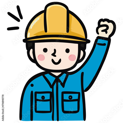 Cheerful construction worker illustration with yellow helmet and blue uniform symbolizing resilience in civil engineering and construction work  
