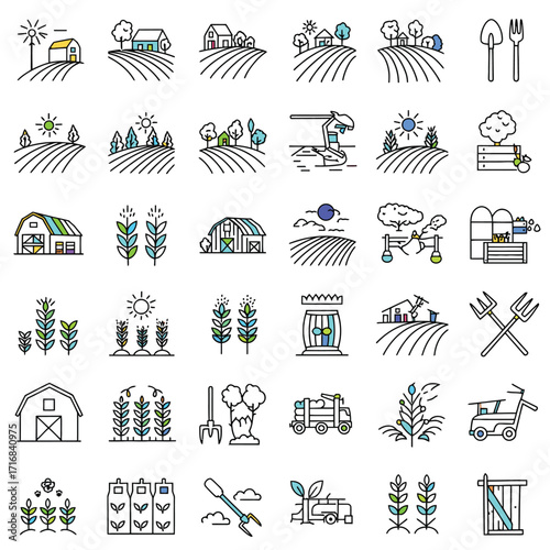 Collection of Farming and Agriculture Line Icons Depicting Rural Scenes.