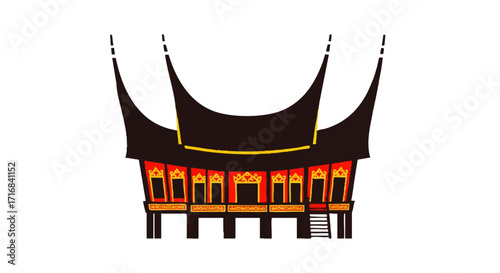 Exotic traditional Indonesian house with distinct curved roof and vibrant cultural patterns