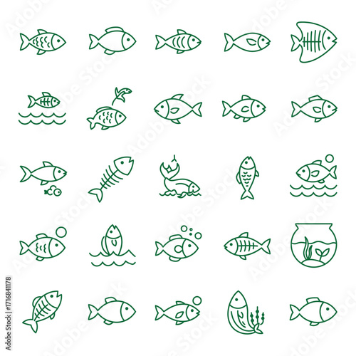 Collection of fish icons in various shapes and styles for design.