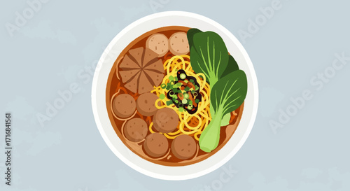 Delicious bowl of noodle soup with meatballs and greens, a vibrant and appetizing culinary delight