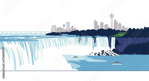 Majestic waterfall vista with distant cityscape and boats, evoking wonder and travel adventure