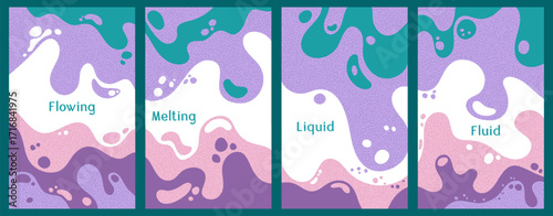 Melting vibrant waves pattern summer front pages. Bubble splashes and streams vector pack box covers. Fluid liquid flowing paint patterns. Wavy surface posters. Liquid bubbles, melting shapes