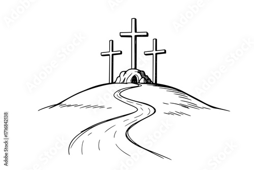 Three Crosses on Golgotha – The Road to the Crucifixion, Christian Religious Scene Vector Illustration