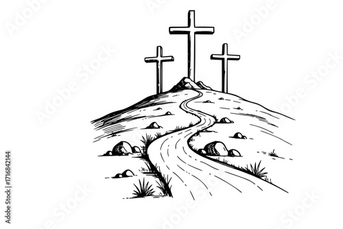Three Crosses on Golgotha – The Road to the Crucifixion, Christian Religious Scene Vector Illustration