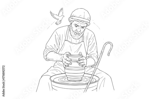 Potter Shaping Clay Pot by Hand on Wheel – Craftsmanship and Biblical Symbolism Vector Illustration of Creation and Artisan Work