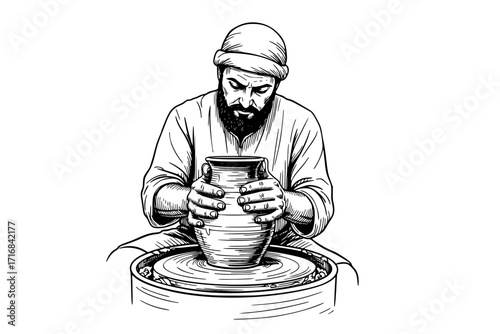 Potter Shaping Clay Pot by Hand on Wheel – Craftsmanship and Biblical Symbolism Vector Illustration of Creation and Artisan Work