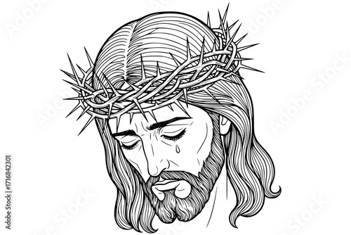 Jesus Christ Wearing Crown of Thorns – Symbol of Sacrifice and Divine Love, Christian Religious Vector Illustration