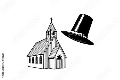 Wooden Christian Church Building with Puritan Hat – Symbols of Holiness, Purity, and Faith, Religious Vector Illustration