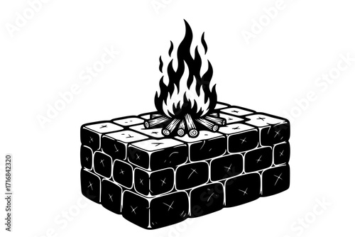 Stone Altar with Burning Wood – Sacrificial Offering Symbol, Religious and Spiritual Vector Illustration