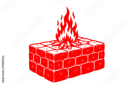 Stone Altar with Burning Wood – Sacrificial Offering Symbol, Religious and Spiritual Vector Illustration