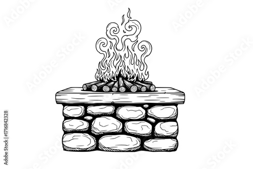 Stone Altar with Burning Wood – Sacrificial Offering Symbol, Religious and Spiritual Vector Illustration