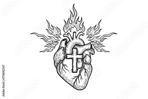 A heart with a cross, from which bursts the flame of the Holy Spirit

