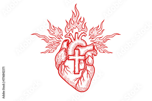 A heart with a cross, from which bursts the flame of the Holy Spirit
