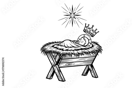The Nativity Scene – Hand-Drawn Manger with Baby Jesus, Star of Bethlehem, and Crown of the King of Heaven, Christian Christmas Vector Illustration
