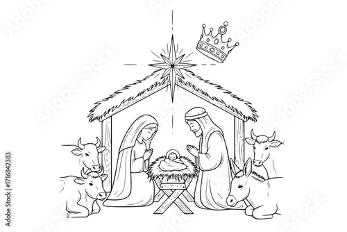 The Nativity Scene – Hand-Drawn Manger with Baby Jesus, Star of Bethlehem, and Crown of the King of Heaven, Christian Christmas Vector Illustration