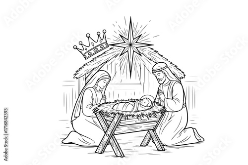 The Nativity Scene – Hand-Drawn Manger with Baby Jesus, Star of Bethlehem, and Crown of the King of Heaven, Christian Christmas Vector Illustration