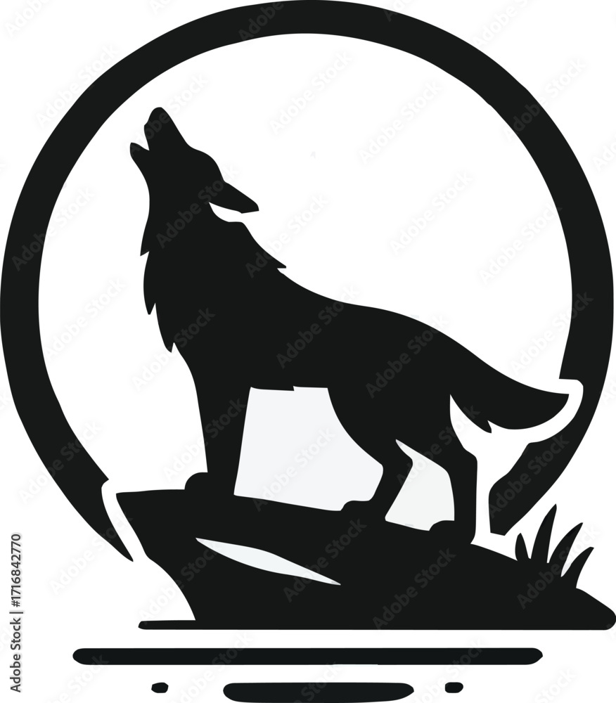 Obraz premium Wolf Howling at the Moon Silhouette Vector – Wildlife and Nature Symbol
