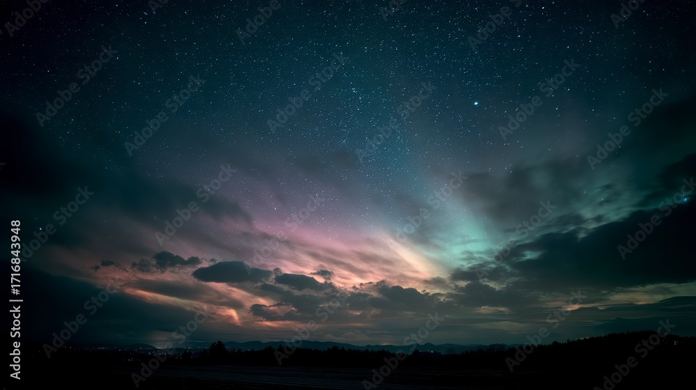 Fototapeta premium Starry night horizon with dazzling aurora arcs, 
