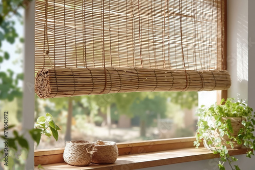 A window with a bamboo roller shade hanging from the side of it