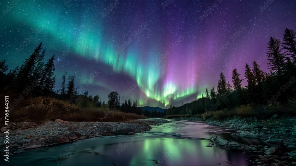 custom made wallpaper toronto digitalVibrant aurora dancing across a starry night sky, glowing green and purple waves