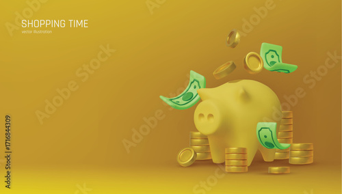 Money Piggy bank creative business concept. Realistic 3d design. Pink pig keeps gold coins. Safe finance investment. Financial services. Landing page template mockup for website. Vector illustration