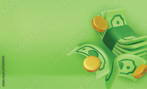Gold coins with green paper dollars, Cashier's checks. Realistic 3d design in cartoon style. Business financial investment. Creative concept. Trade cash back. Save savings. Vector illustration