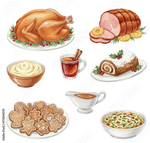 Holiday food vector illustration. Set of roasted turkey, honey-baked ham, gingerbread cookies, various traditional side dishes.