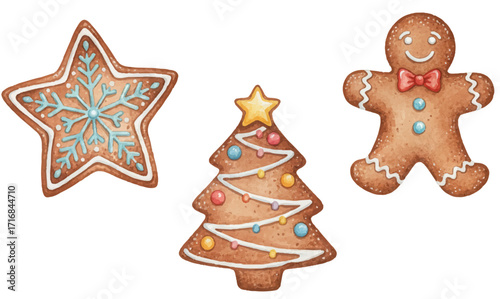 Gingerbread cookies vector set: smiling gingerbread man, Christmas tree and snowflake star, each decorated with sweet icing and vibrant colors.