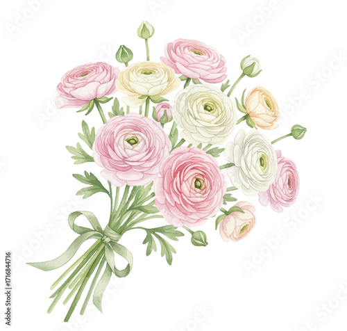Graceful ranunculus bouquet in soft pastel colors vector illustration. Elegant arrangement features mix of pink, white, and pale yellow flowers