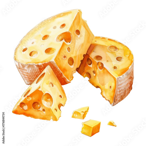 Block of Swiss cheese broken into pieces vector illustration. The cheese's rich yellow color and iconic holes.