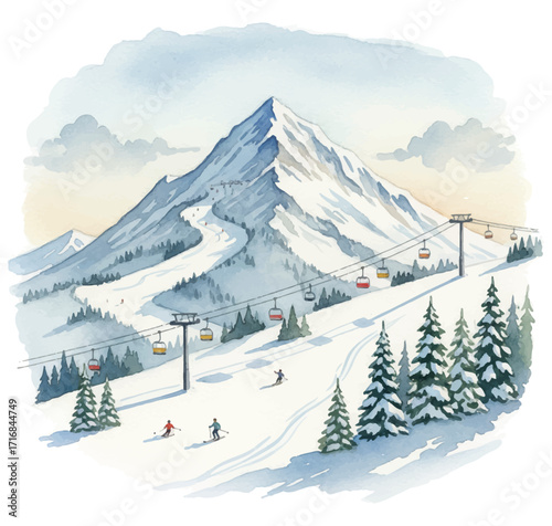 Mountain ski resort vector illustration. Snow-covered peaks, pine trees, ski lifts winter landscape as skiers glide down the slopes.