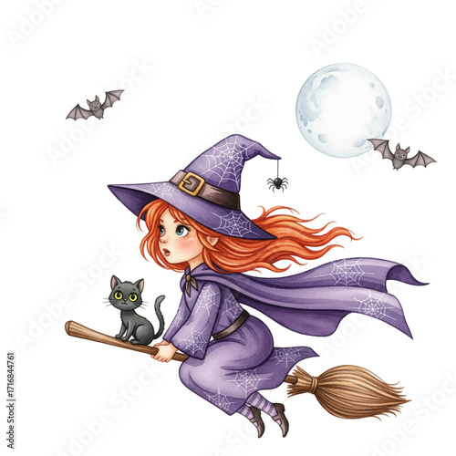Adorable little witch with fiery red hair magical vector illustration. Joyfully flying on broomstick witch with her black cat and couple of bats, under the light of full moon. Halloween theme.