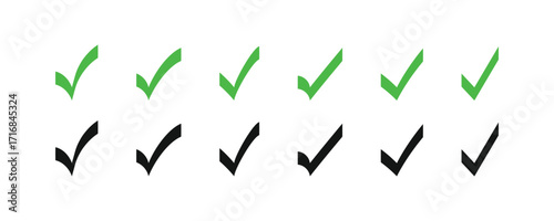 Set of six different green and black hand-drawn check marks. Ideal for modern design projects, to-do lists, websites, and business presentations