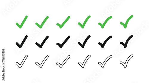 Set of check mark icons in three distinct styles: green solid, black solid, and black outline. Ideal for use as a button, tick, or symbol in web and app design