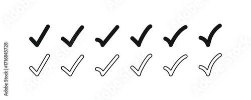Hand-drawn check mark vector icon set in black solid and outline styles. Perfect for checklists and completion concepts