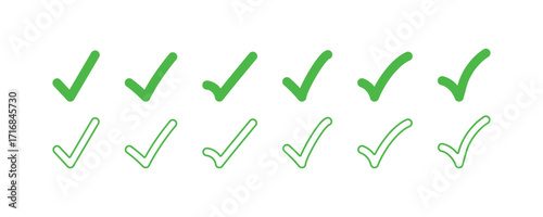 Green check mark icons in hand-drawn, doodle style. A vector set for to-do lists, completion, and approval concepts. Set of green tick icons. Hand-drawn approval and success symbols in both solid
