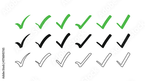 Hand-drawn green and black check marks. A versatile vector icon set perfect for design projects, checklists, and websites. Set of six different green, black, and outline check marks