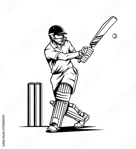 Dynamic cricketer batting aggressively during outdoor sports match action shot vector