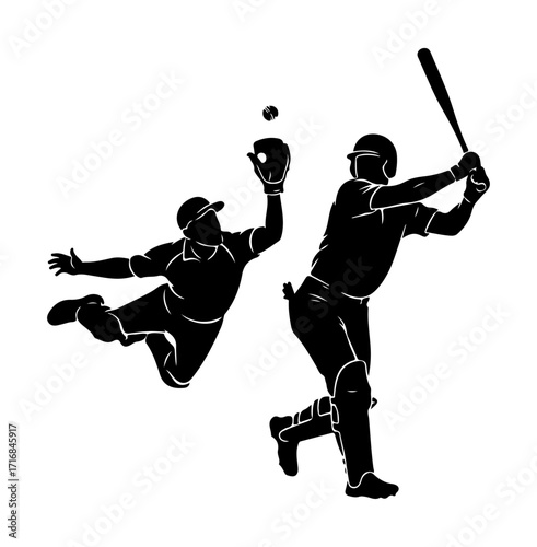 Dynamic baseball action silhouette of batter swinging and fielder catching ball vector