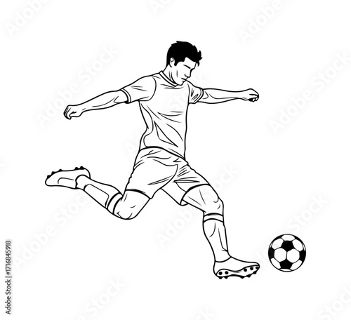 Dynamic black and white line art of a soccer player kicking a ball mid action vector