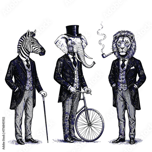animal men in vintage style clothing.