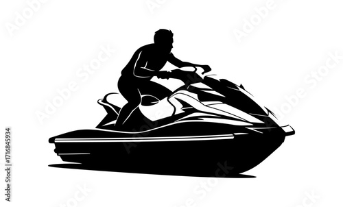Dynamic silhouette of a person riding a jet ski across water during the day vector