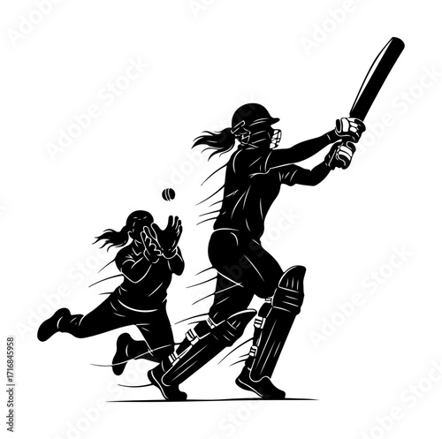 Dynamic silhouette of female cricket player batting and fielding in action game vector