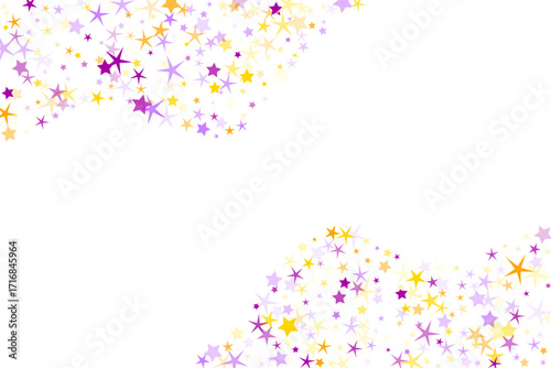 Vibrant stars scattered vector background. Birthday decor elements in purple orange colors. Twinkling star shapes pattern. Spectacle concept. Freestyle fanciful mesmerize glitter.