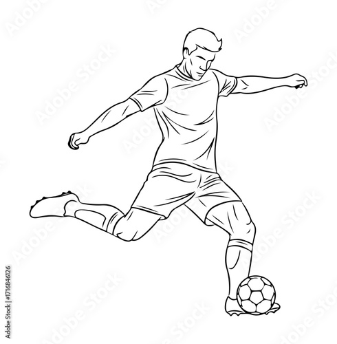 Dynamic soccer player kicking ball action pose line art rendering for sports graphics vector
