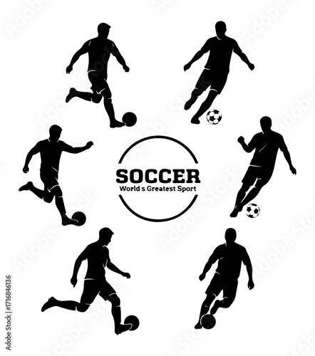 Dynamic soccer player silhouettes showcase action kicks in circular arrangement football game vector