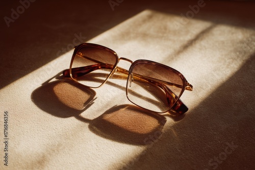 sunglasses with brown and rose gold frames, lying on the table in soft sunlight. 