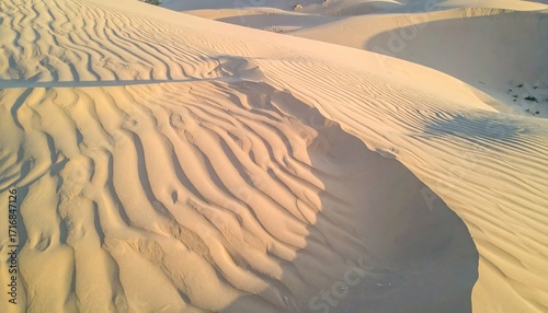 Fototapeta Naklejka Na Ścianę i Meble -  Aerial View of Beige Sand Dunes with Long Shadows